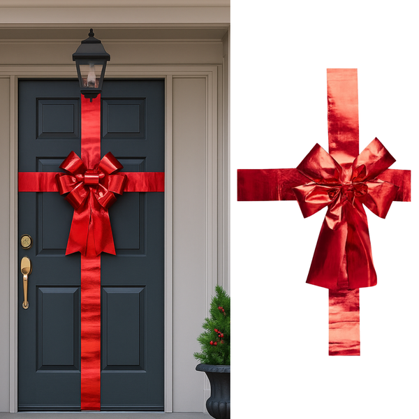 Red door bow with sash ribbon 33 x 42 cm – Christmas front door decor