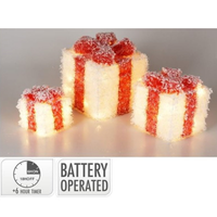 Set of battery-operated lighted gift boxes with a timer feature on a gray background.
