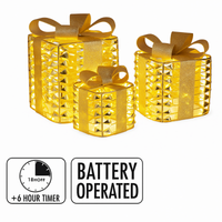 Set of three battery-operated LED gift boxes with a 6-hour timer on a white background.
