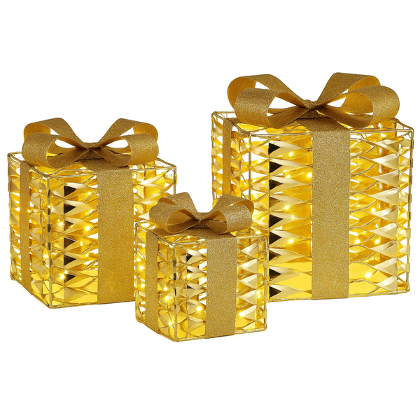 Set of three gold gift boxes with LED lights on a white background