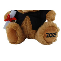 Plush bear in graduation attire with a scroll and tassel, featuring the year '2025'.
