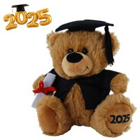 Graduation-themed teddy bear with a cap, gown, and diploma, featuring the year 2025.