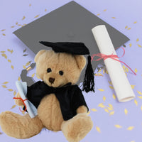 Elka Graduation Teddy Bear 14cm – brown plush toy with graduation cap, gown & scroll keepsake gift
