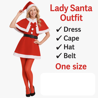Woman wearing a Lady Santa outfit with a list of included items on a white background
