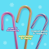 Three colorful candy canes with flavor labels on a blue background with snowflake patterns.

