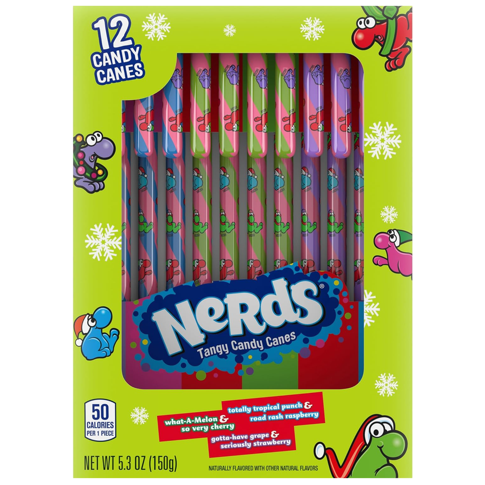 Nerds Tangy Candy Canes 12 pack – fruity Christmas candy with watermelon, tropical punch and grape flavours