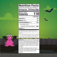 Nutrition facts label with a cartoon character on a Halloween-themed background