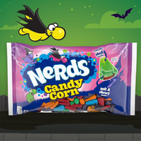 Nerds Candy Corn package with Halloween-themed background