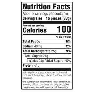 Nutrition facts label for a food product with serving size, calories, and nutritional content details.