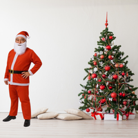 Adult red and white Santa suit with beard and hat for festive occasions
