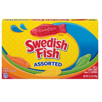 Box of Swedish Fish assorted candy on a white background
